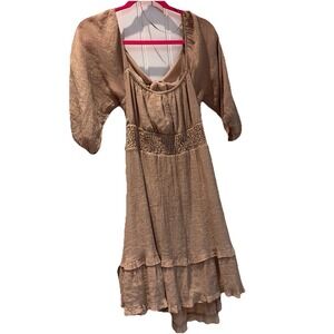 Boho Taupe Mini Dress Smocked Waist Tie Front Open Back Flowy Cottagecore   5006